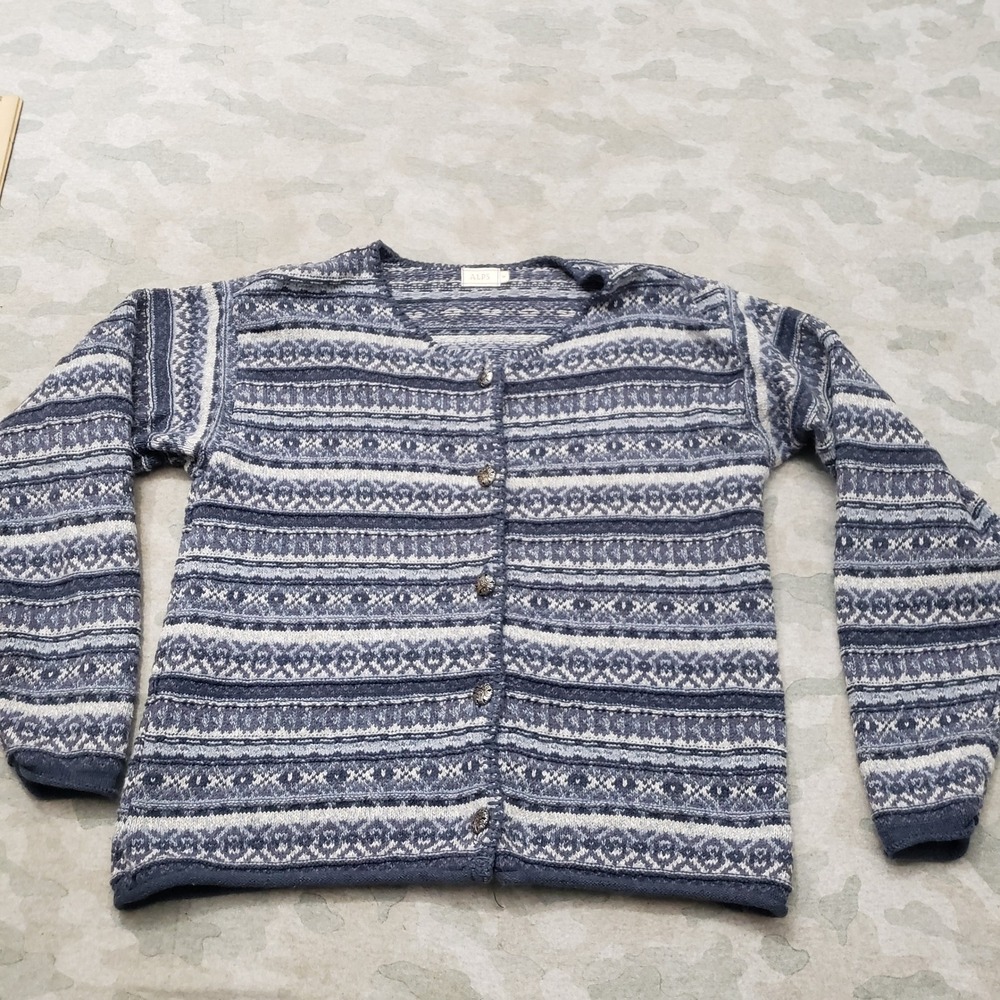 Alps Cardigan Sweater Womens Medium Blue Fair Isle Knit Button Nordic Striped